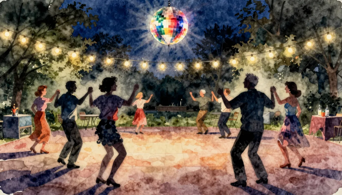 Watercolor style. Night park scene, silhouettes of older peo...