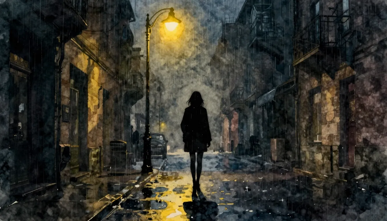 Watercolor style. A lonely silhouette of a woman standing on...