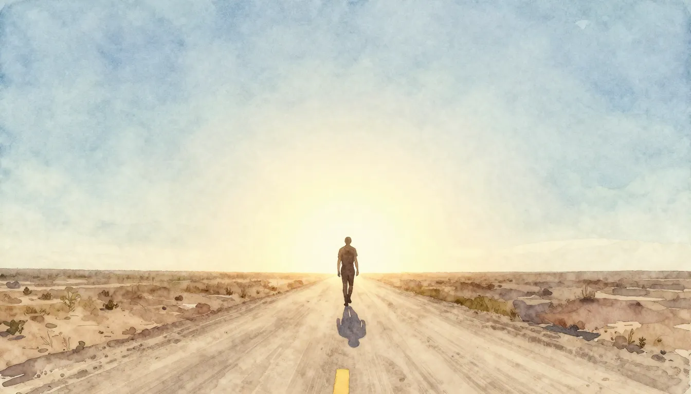 Watercolor style. A silhouette of a person walking along a d...