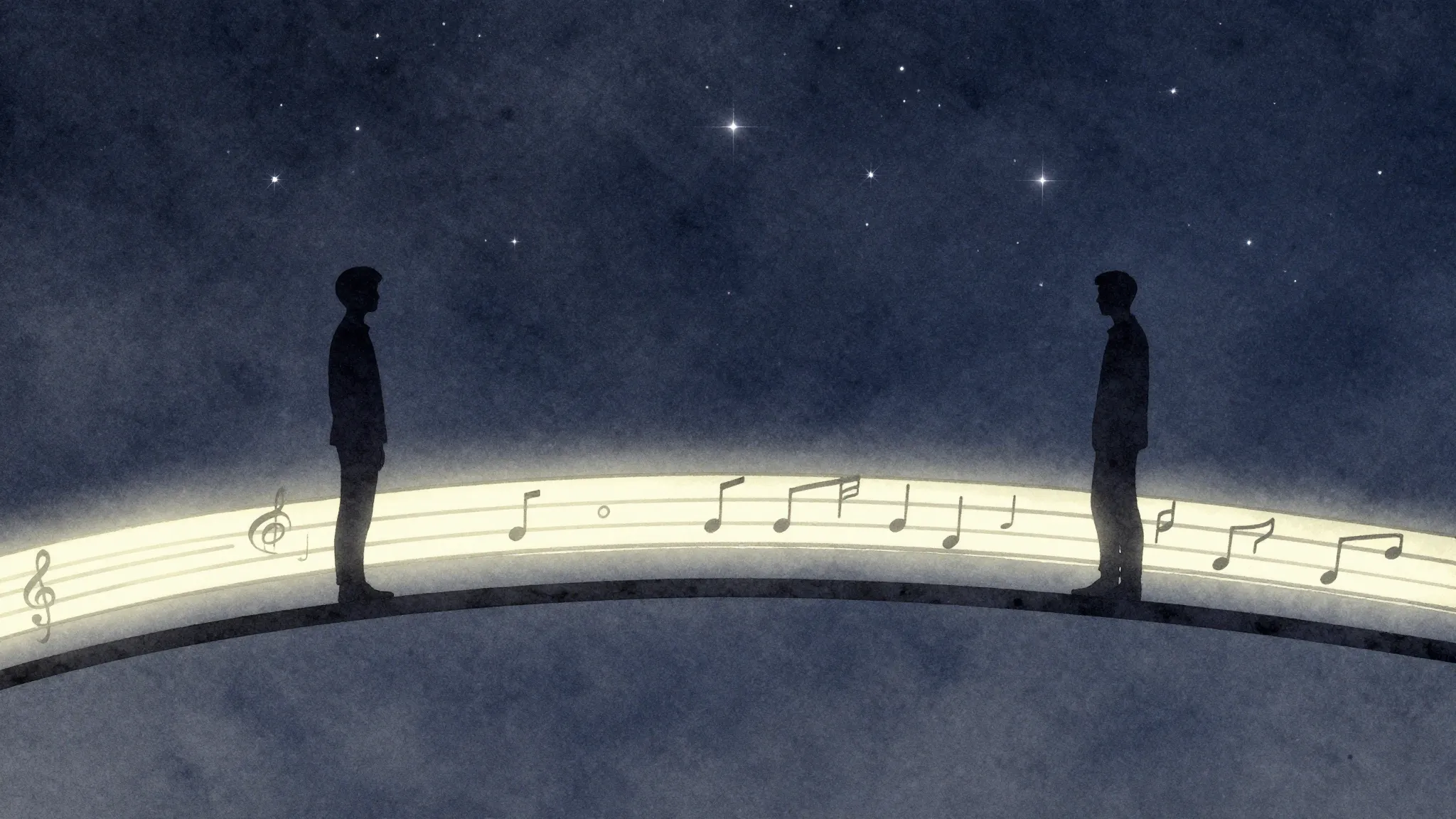 Watercolor style. Two dark silhouettes standing on opposite ...
