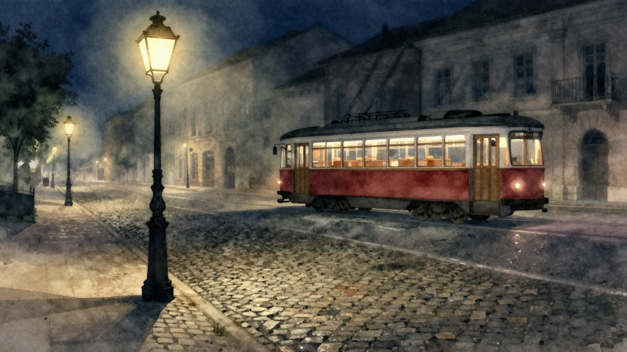 Watercolor style. A vintage streetlamp illuminating an empty...
