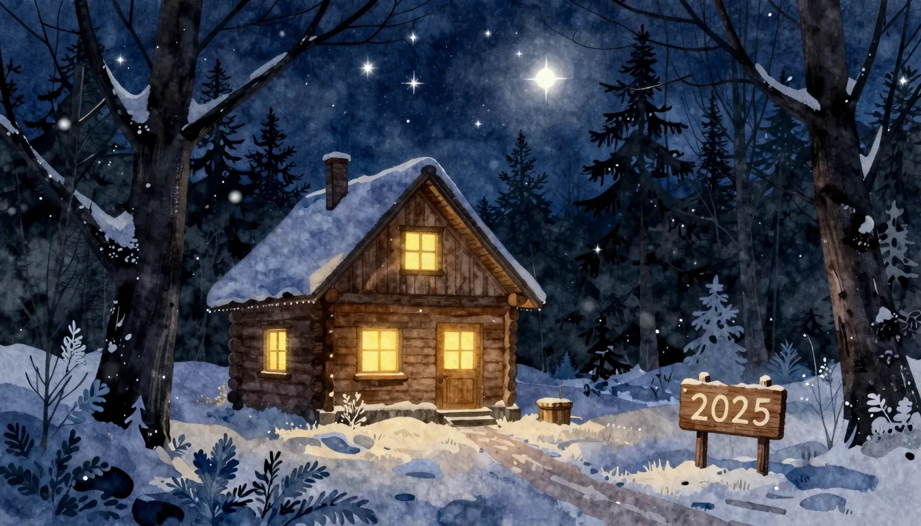 Watercolor style. A silhouette of a cozy wooden house in a s...