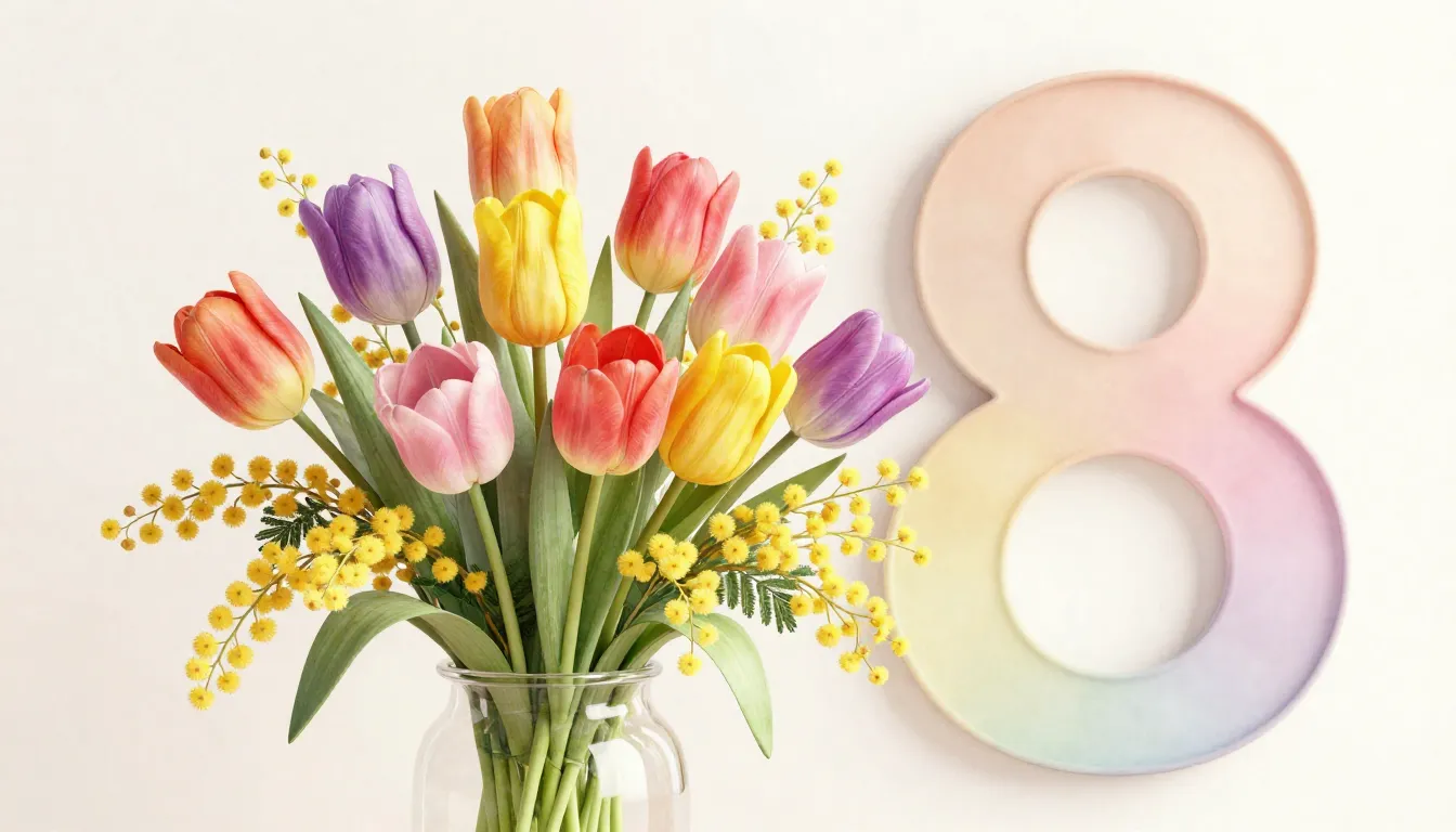 Watercolor style. A vibrant spring bouquet of tulips and mim...