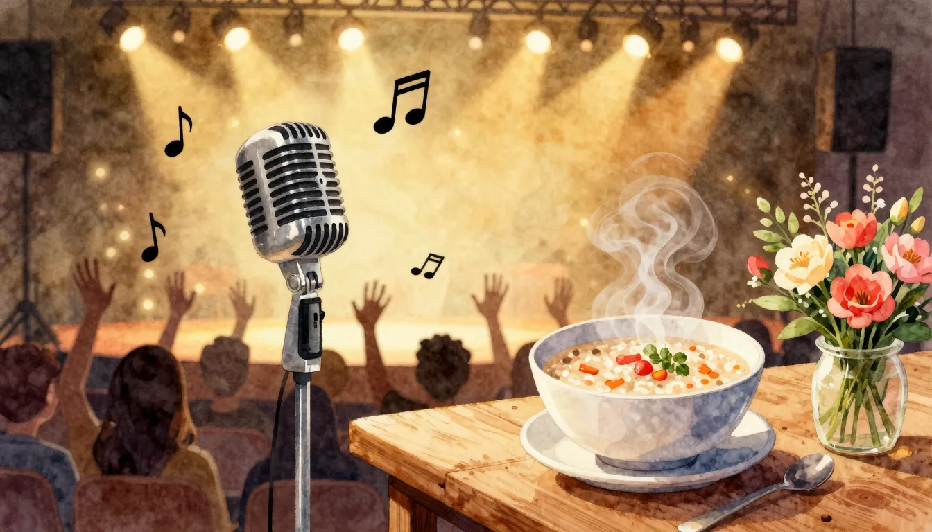 Watercolor style. A festive stage with a vintage microphone,...