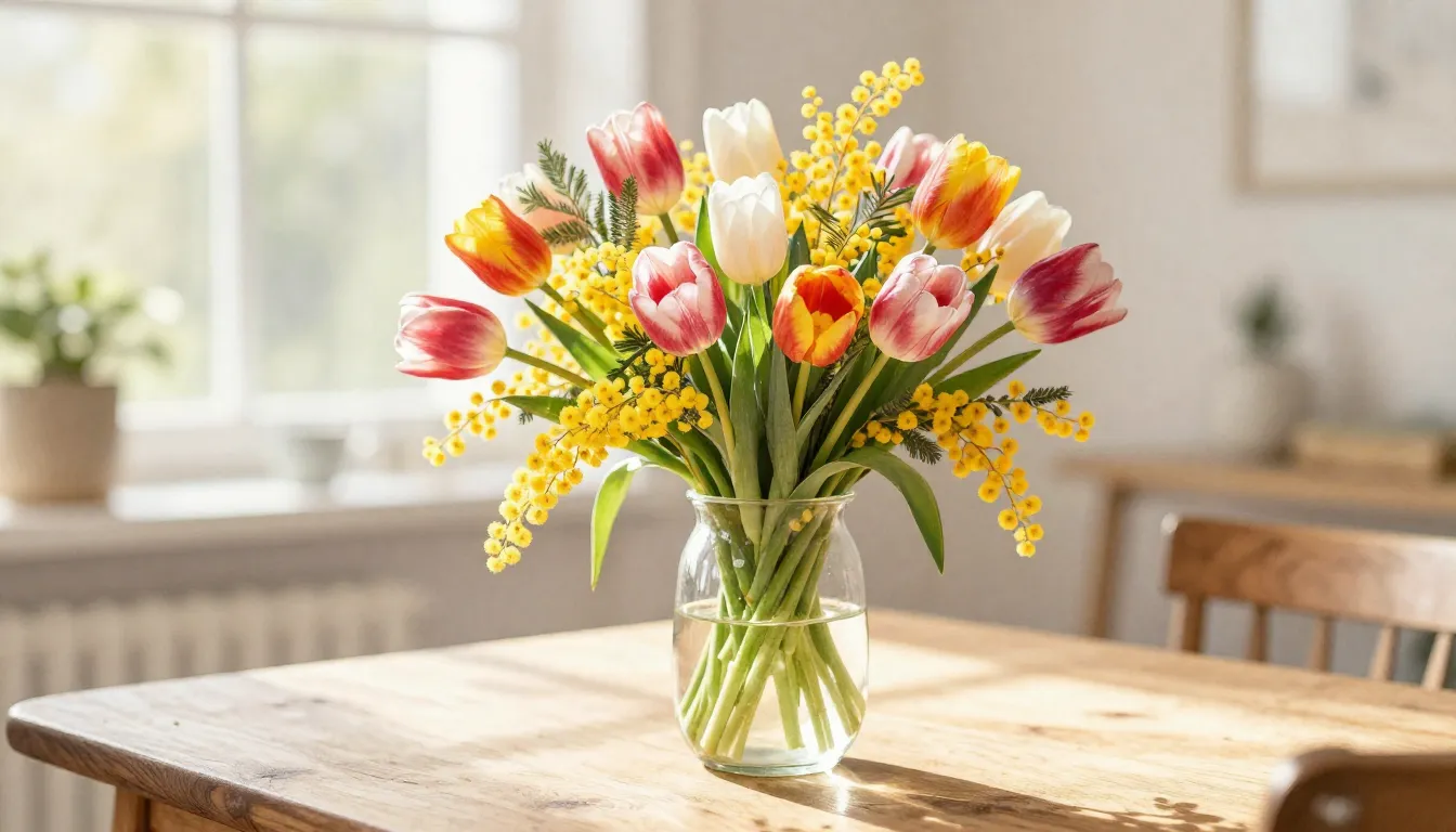 Watercolor style. Bright spring bouquet of tulips and mimosa...