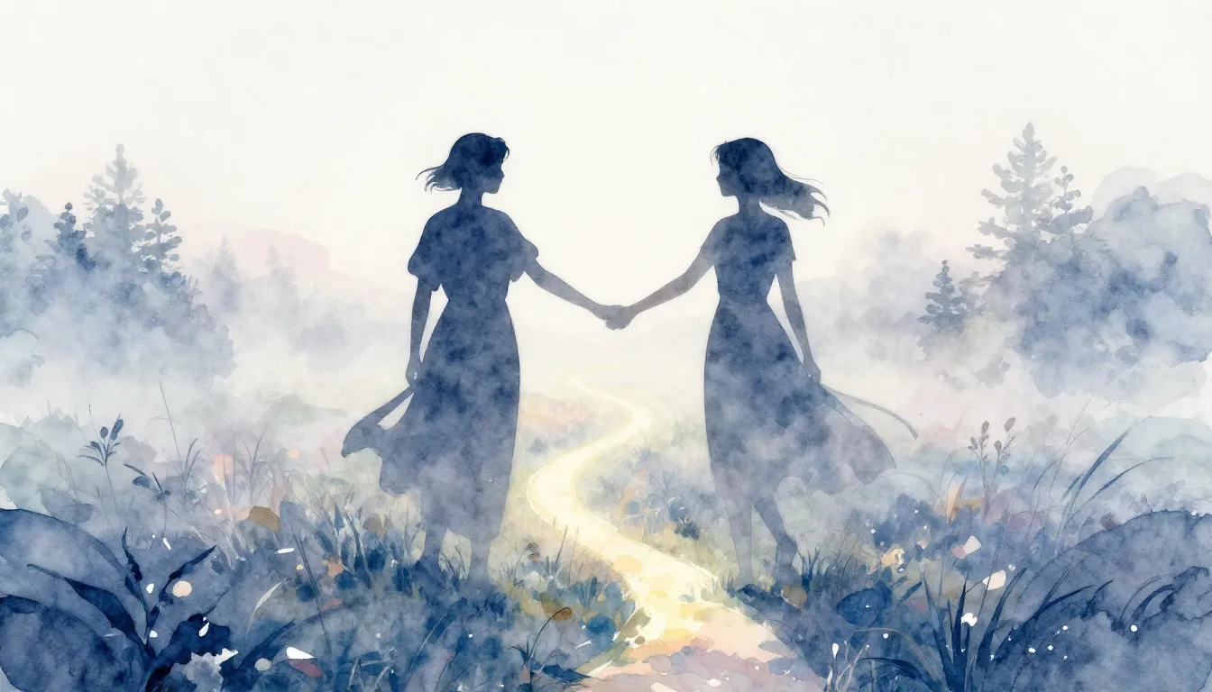 Watercolor style. Two silhouettes of women standing in a mis...