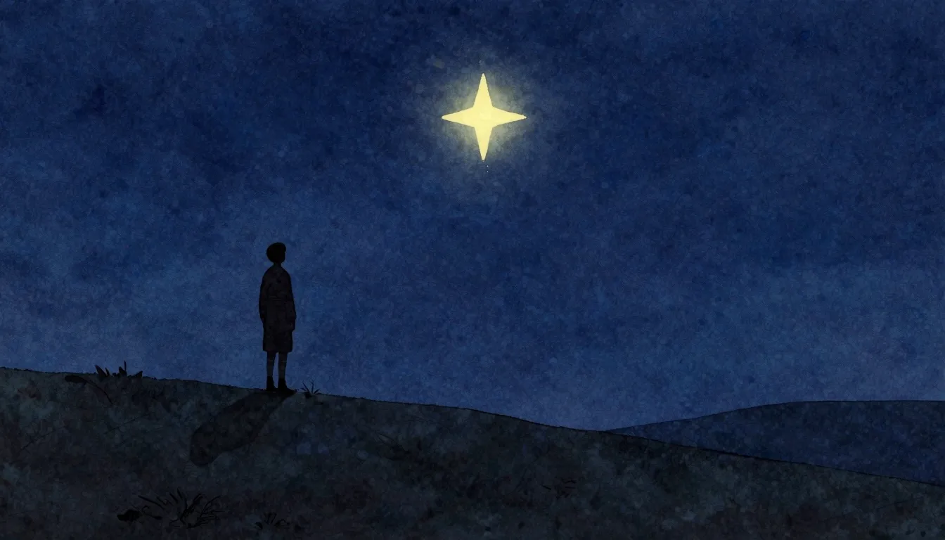 Watercolor style. A lonely glowing star in a deep blue night...