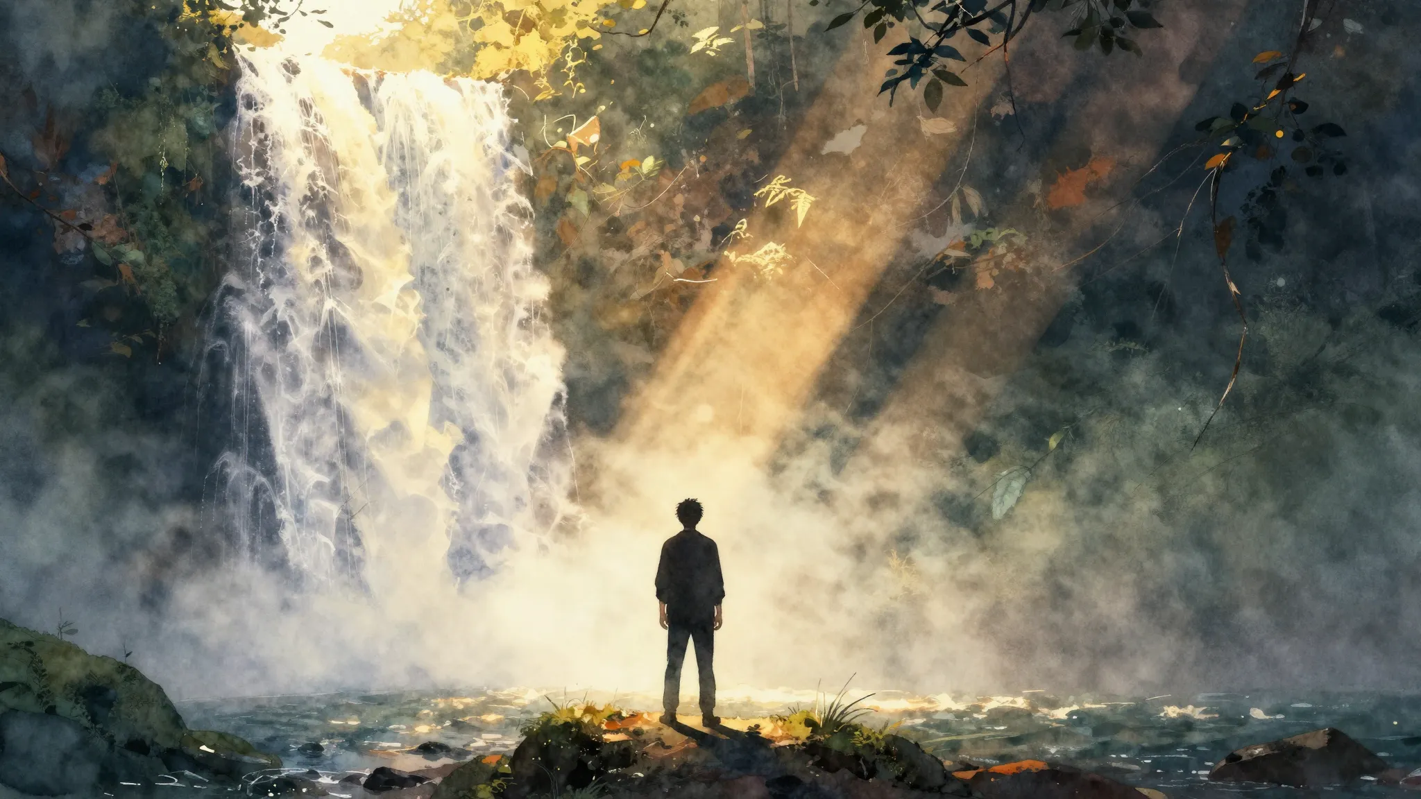 Watercolor style. A silhouette of a person standing before a...