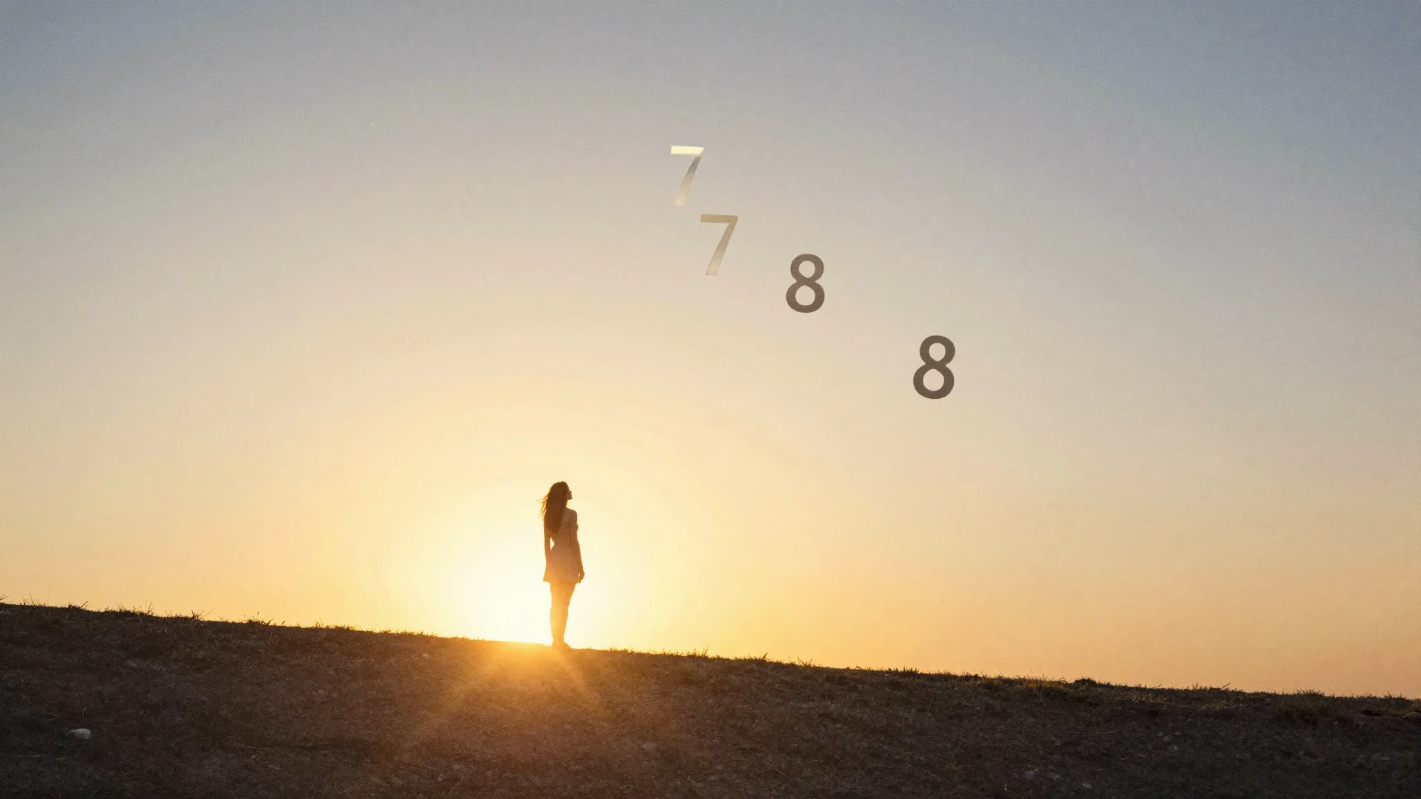 Watercolor style. A silhouette of a woman standing on a hill...