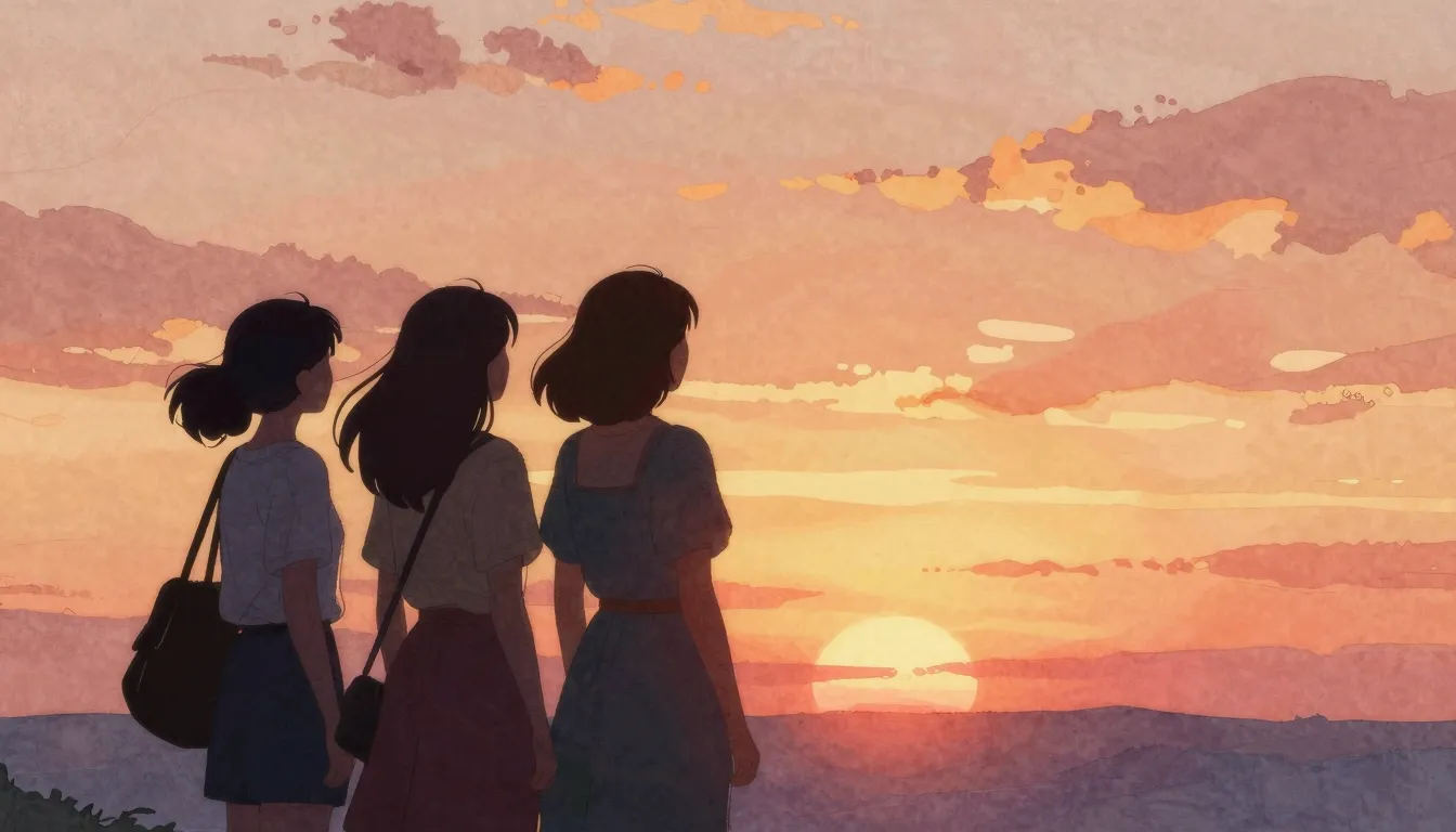 Watercolor style. Silhouettes of three women standing togeth...