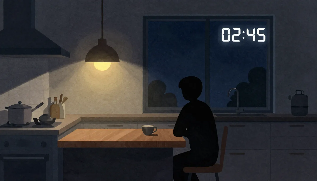 Watercolor style. A dark kitchen at night, a single warm lam...