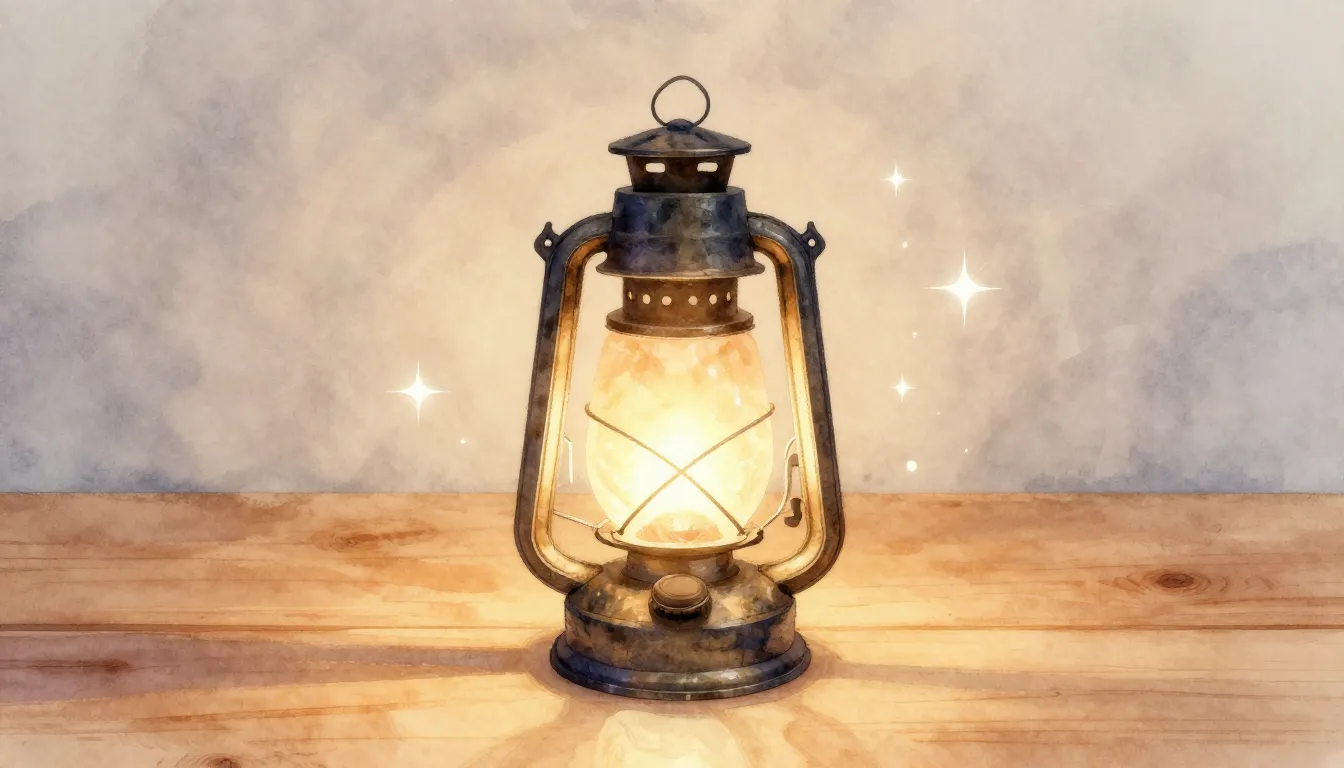 Watercolor style. A glowing vintage lantern standing on a cl...