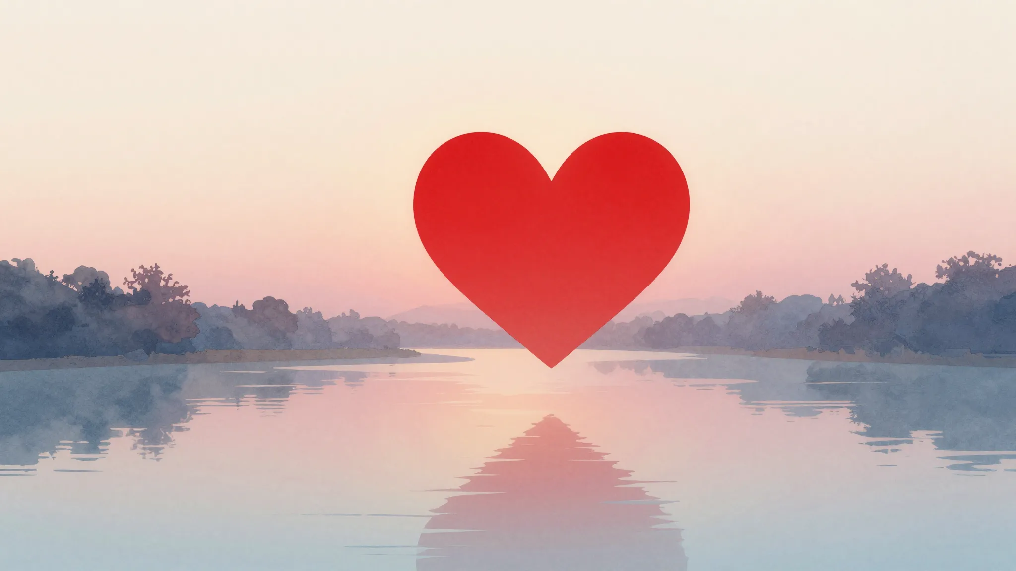 Watercolor style. A glowing red heart silhouette floating ab...