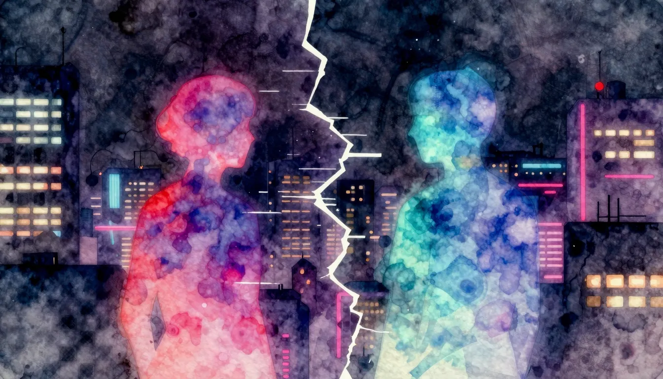 Vibrant watercolor style. Cyberpunk album cover, neon city a...