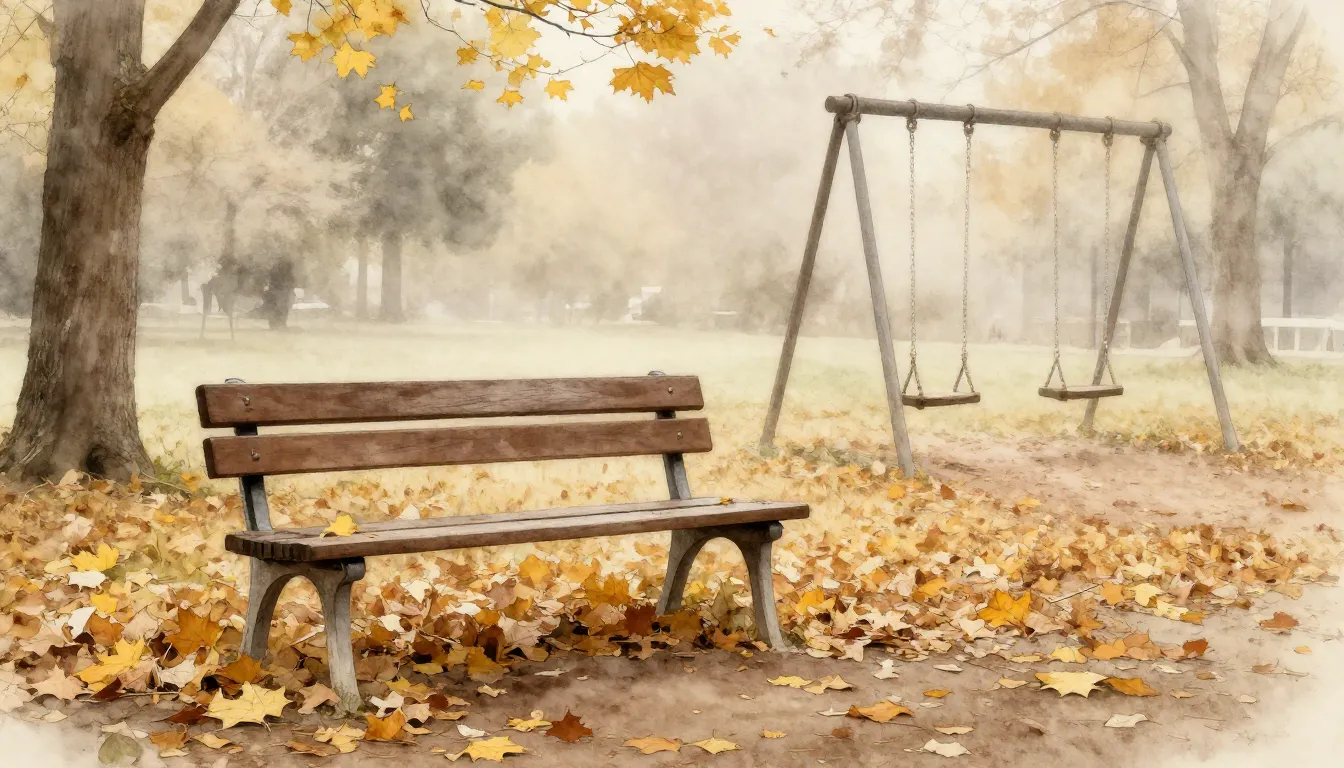 Watercolor style. A lonely wooden bench in an autumn park, f...