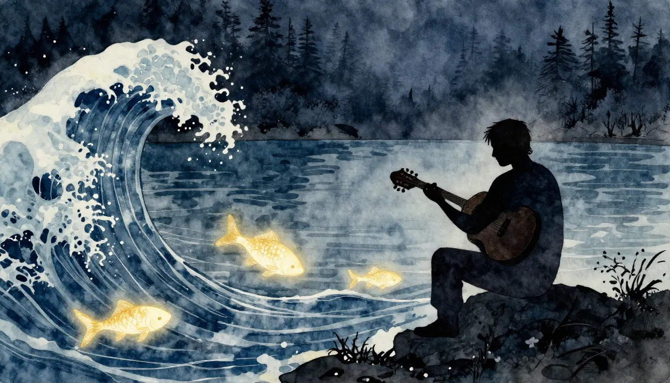 Watercolor style. Silhouette of a man playing a stringed ins...