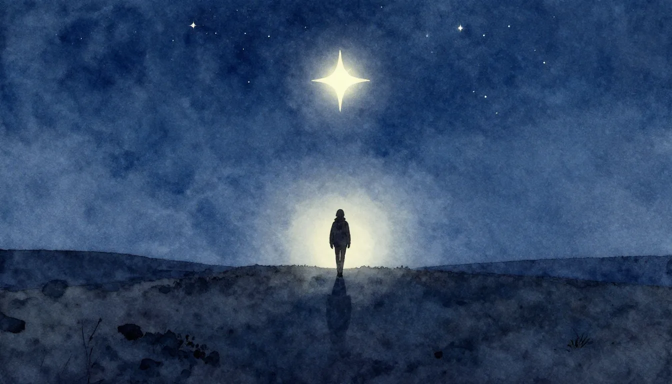 Watercolor style. Silhouette of a lonely traveler walking to...