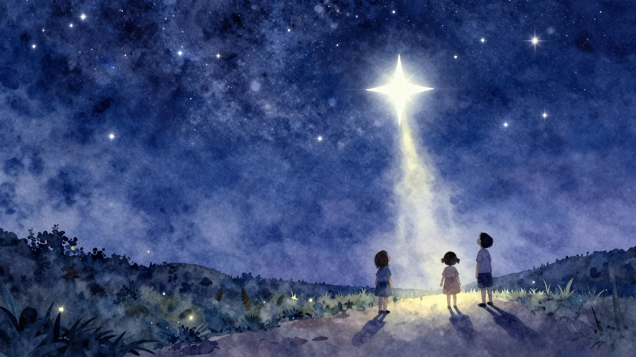 Watercolor style. A beautiful starry night sky with one part...