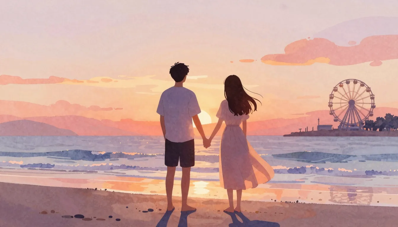 Watercolor style. A silhouette of a young man and a young wo...