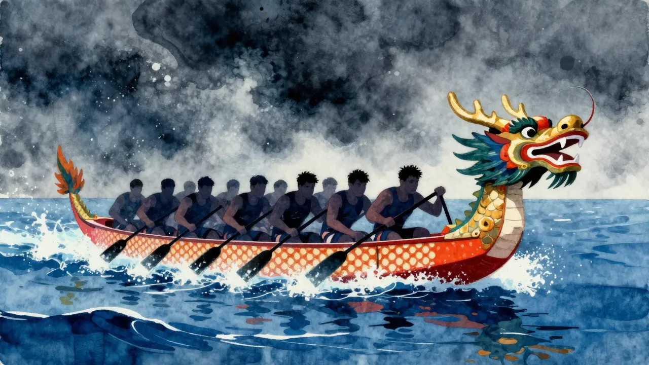 Vibrant watercolor style. A dragon boat racing across a stor...