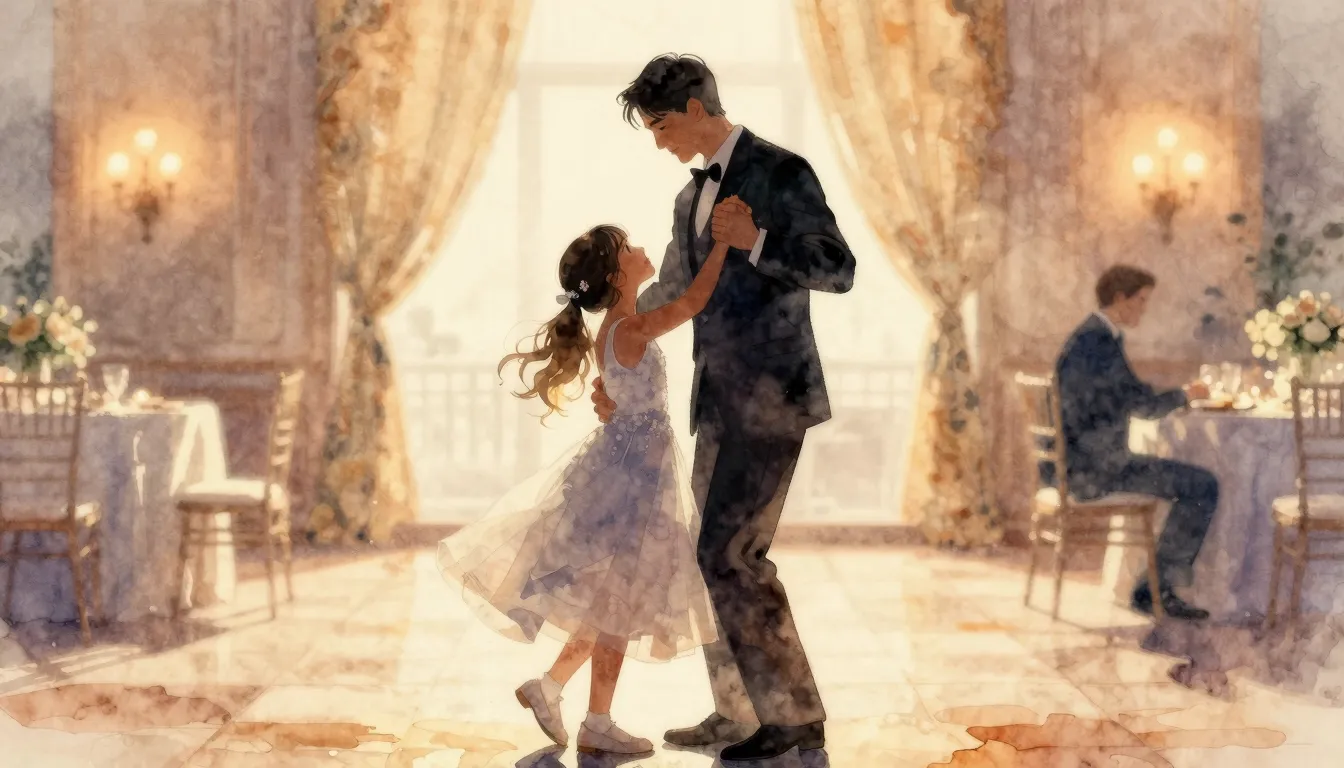Watercolor style. A silhouette of a father and daughter danc...