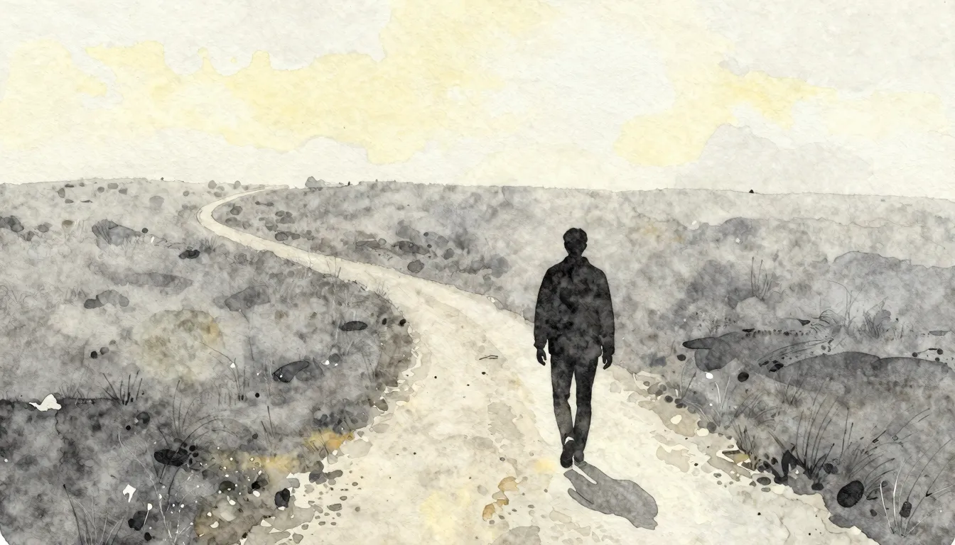 Watercolor style. A winding path leading to a dim horizon, a...