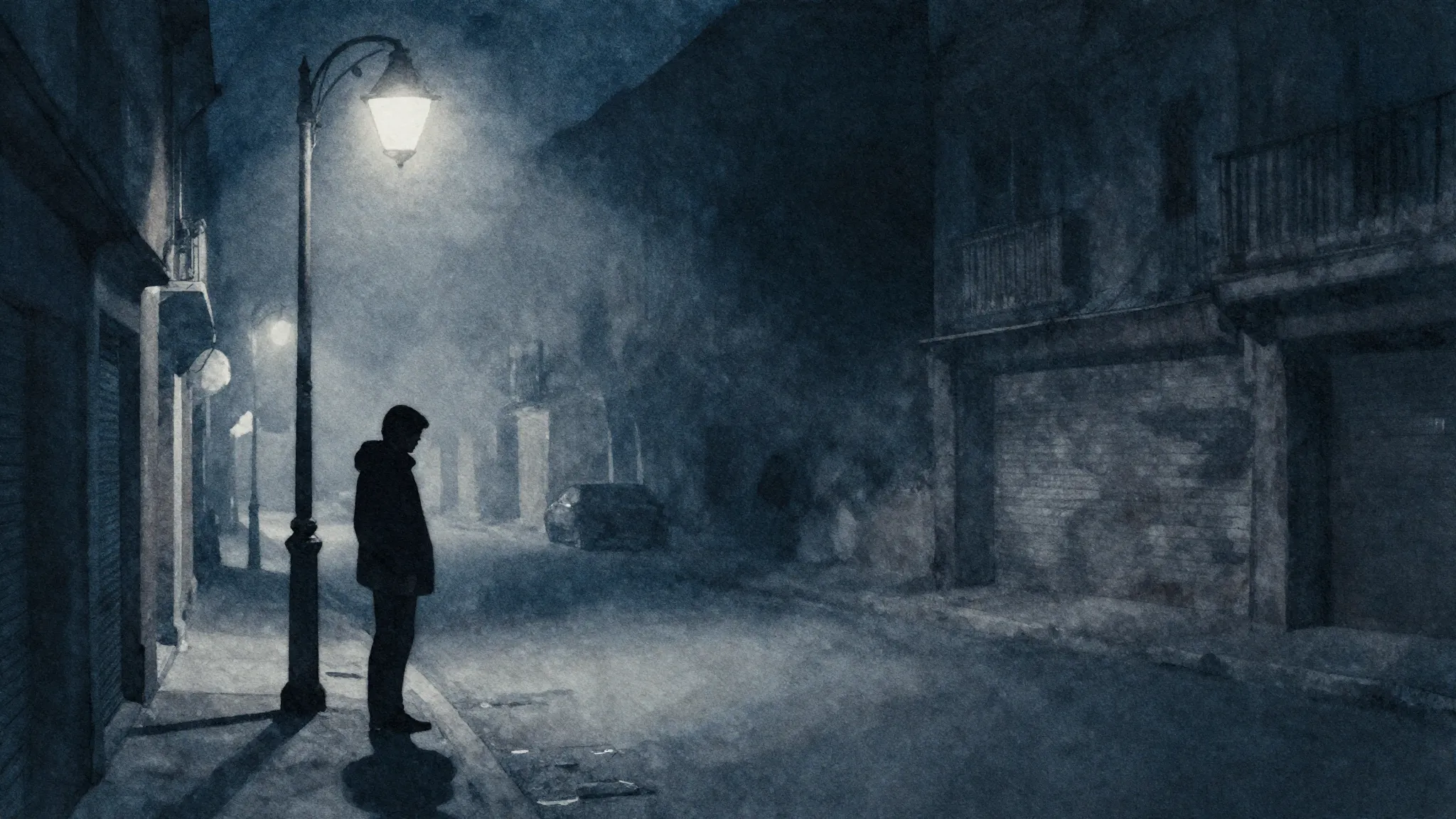 Watercolor style. A dark city street at night, a single silh...