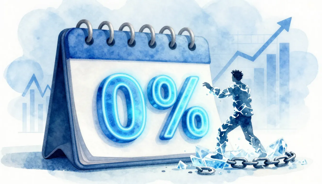 Watercolor style. A large 3D calendar with a 0% sign glowing...