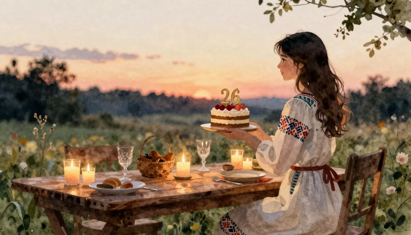 Watercolor style. A warm rustic celebration scene, silhouett...