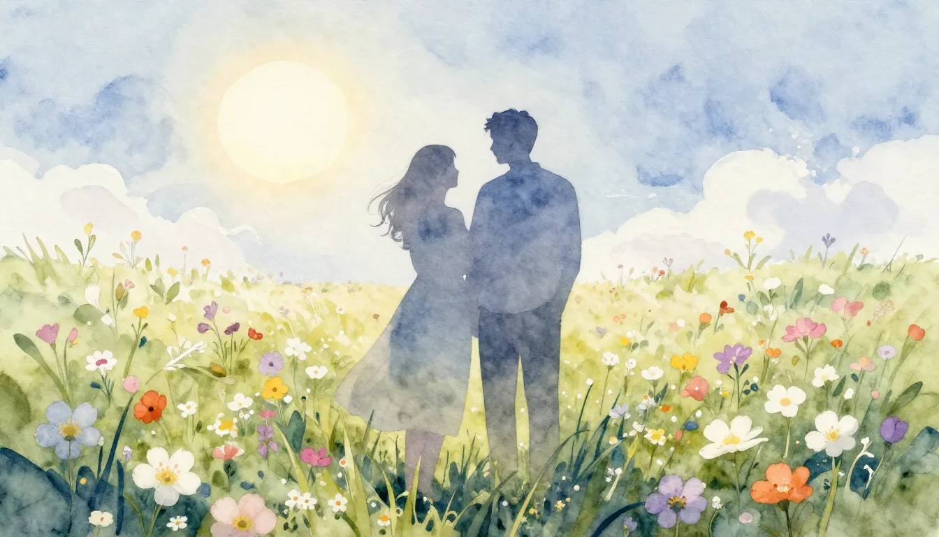 Watercolor style. A silhouette of a couple standing in a fie...