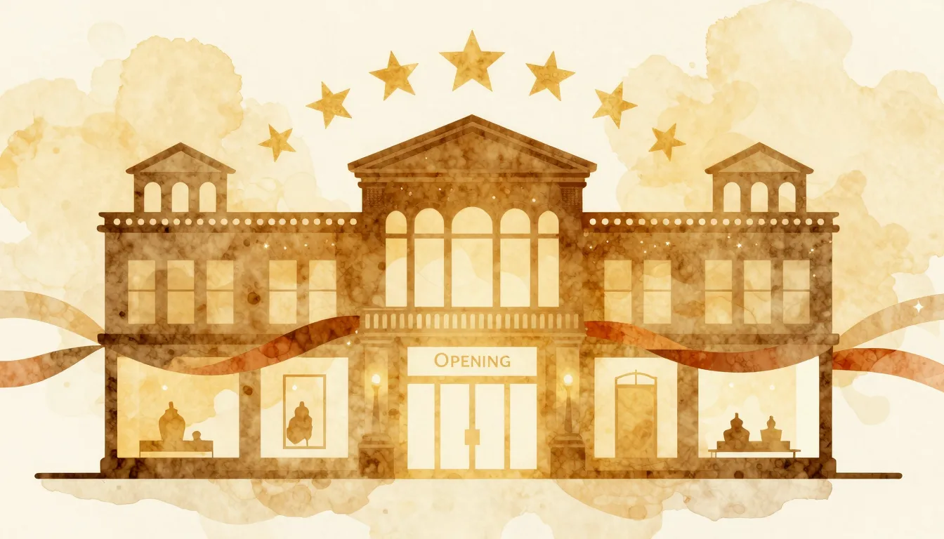 Watercolor style. Silhouette of a grand store opening, elega...
