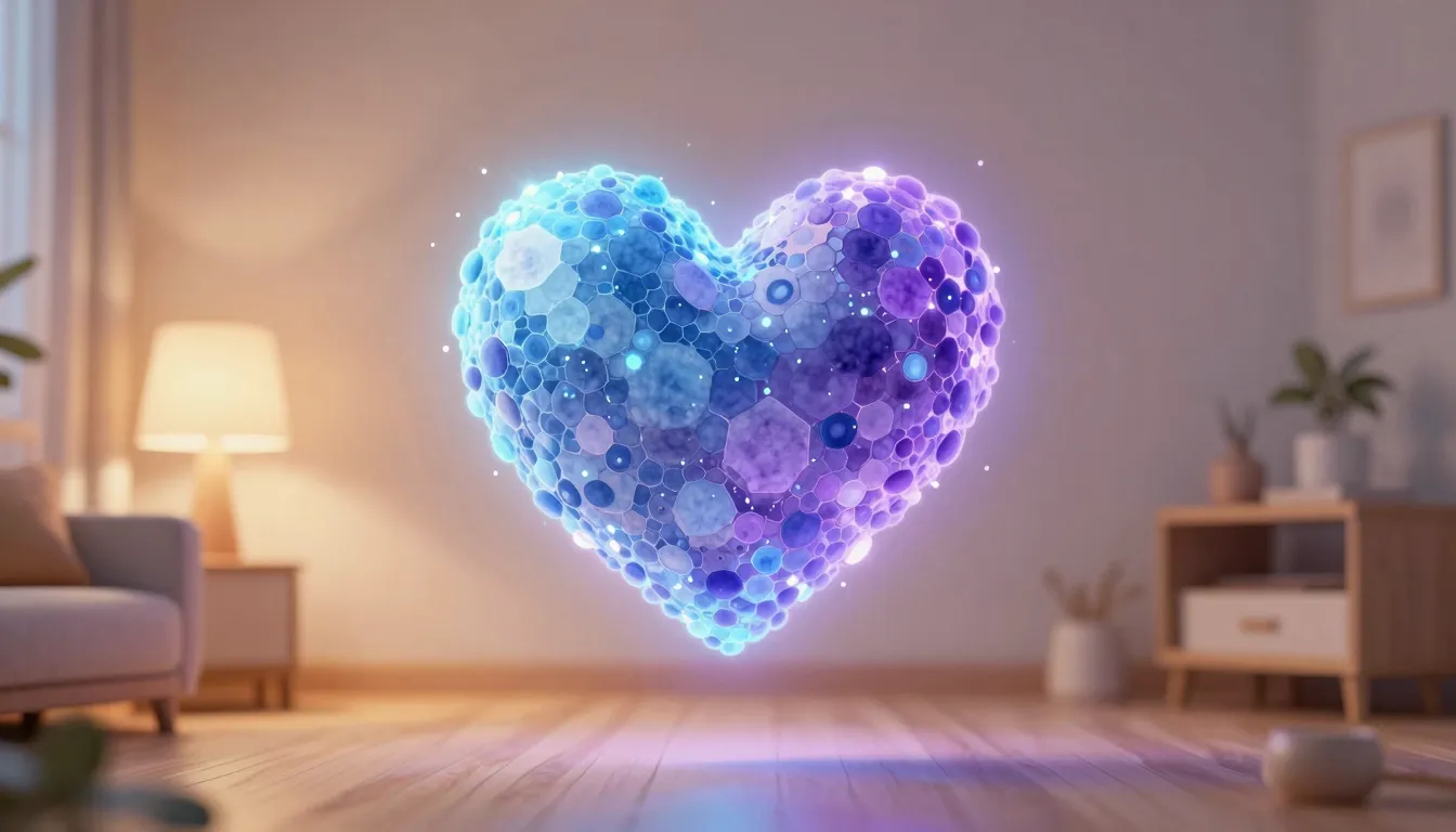 Watercolor style. A glowing digital heart made of soft blue ...