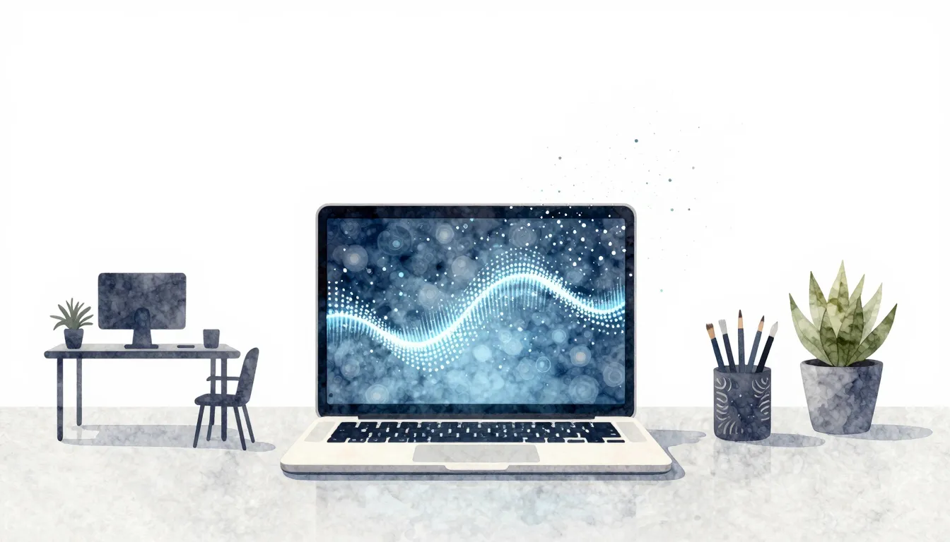 Watercolor style. Minimalist workspace with a glowing laptop...