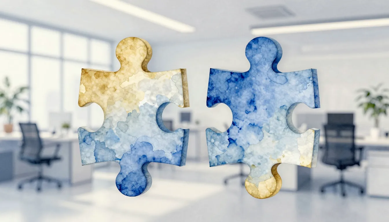 Watercolor style. Abstract 3D puzzle pieces connecting toget...