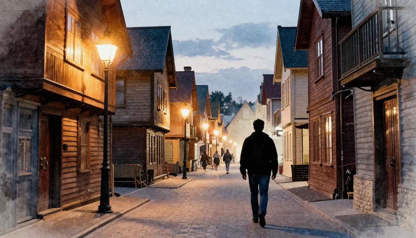 Watercolor style. Silhouette of a person walking down a pede...
