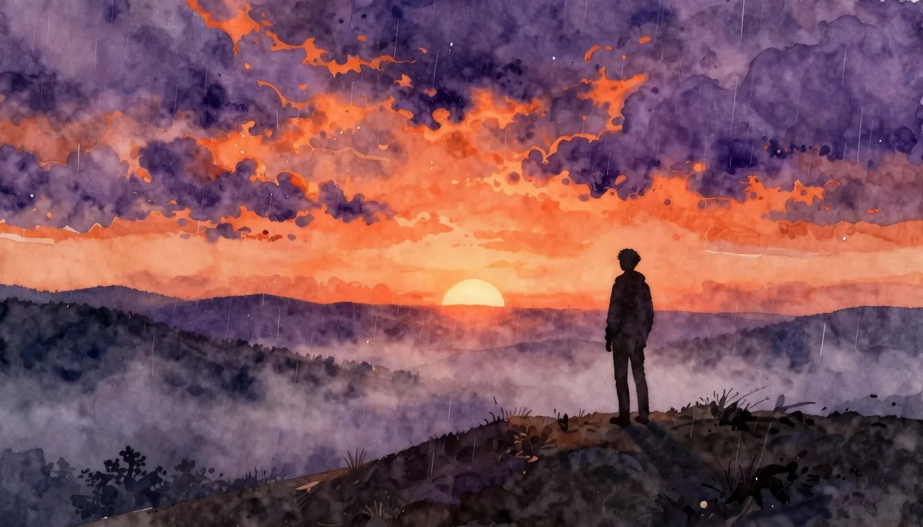 Watercolor style. A lonely silhouette stands on a hill, watc...