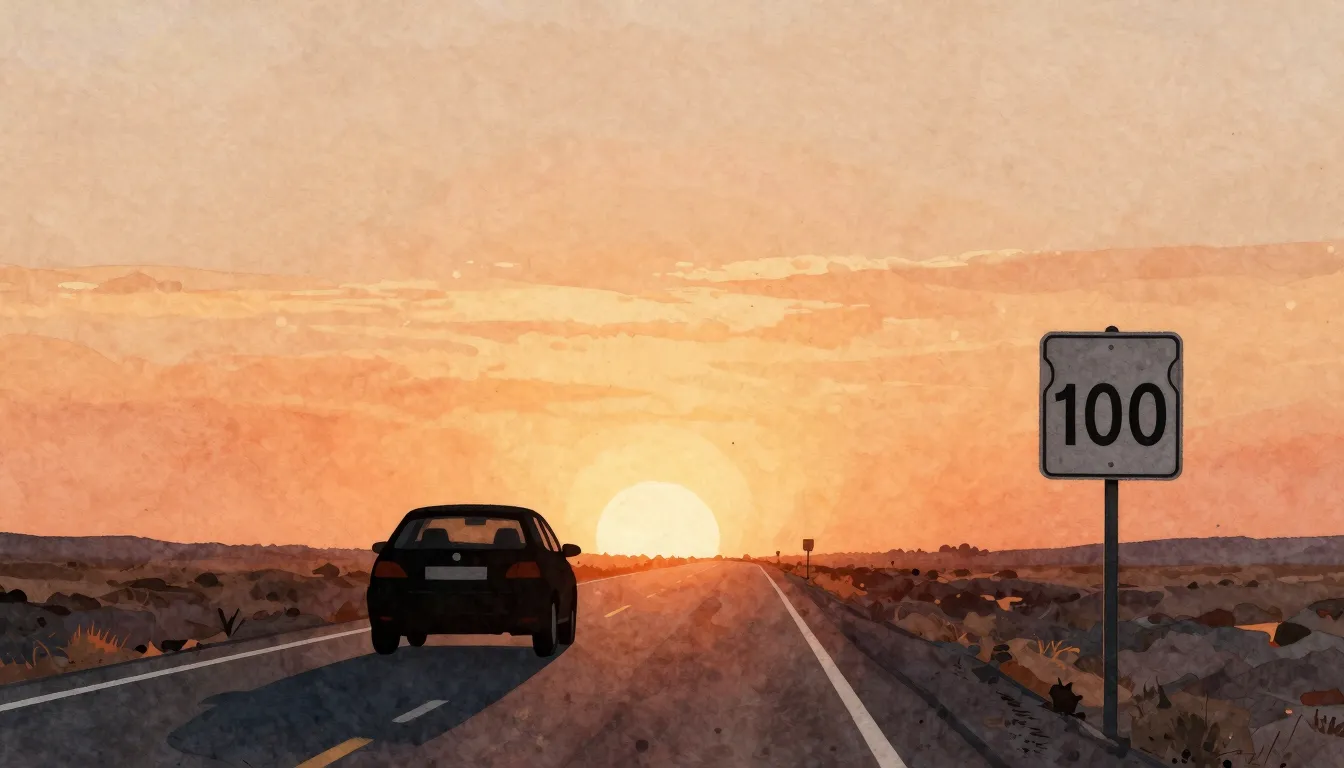 Watercolor style. A silhouette of a car driving on a long ro...