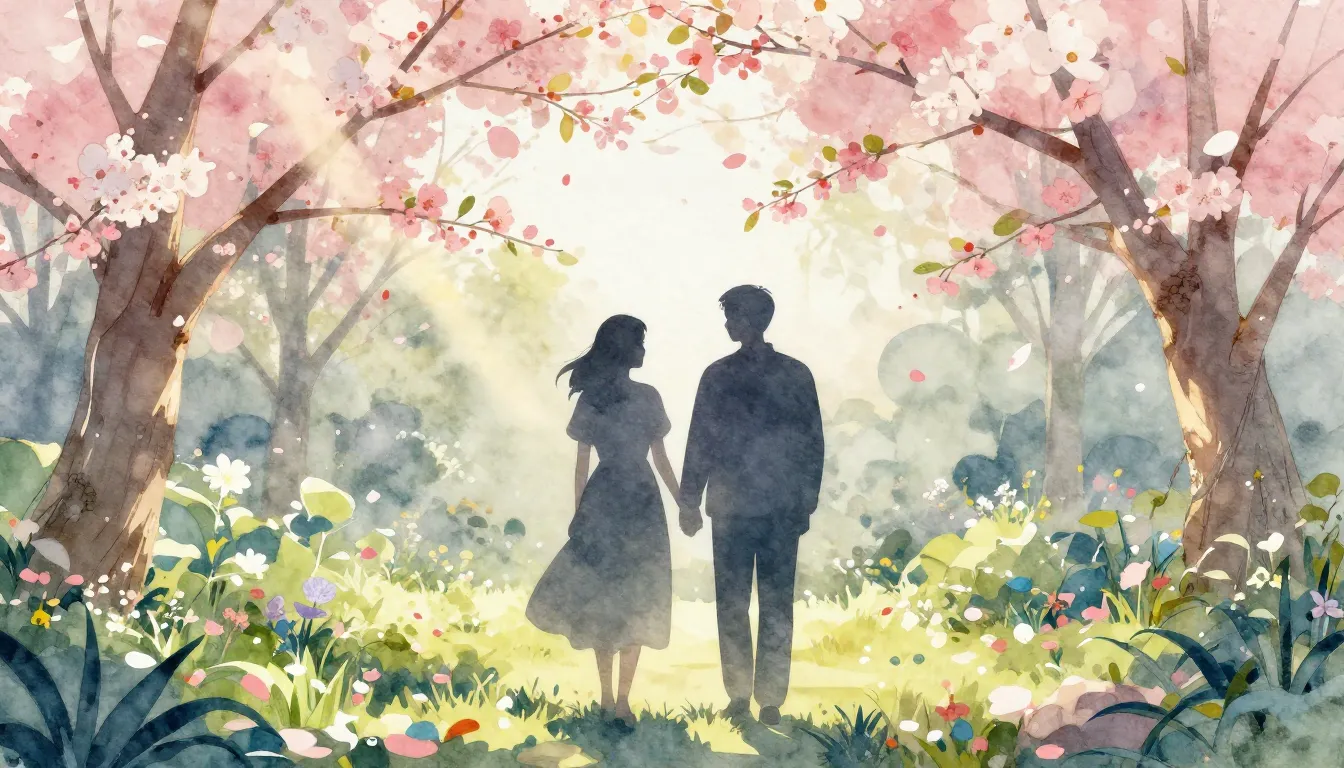 Watercolor style. Silhouette of a couple standing in a bloom...