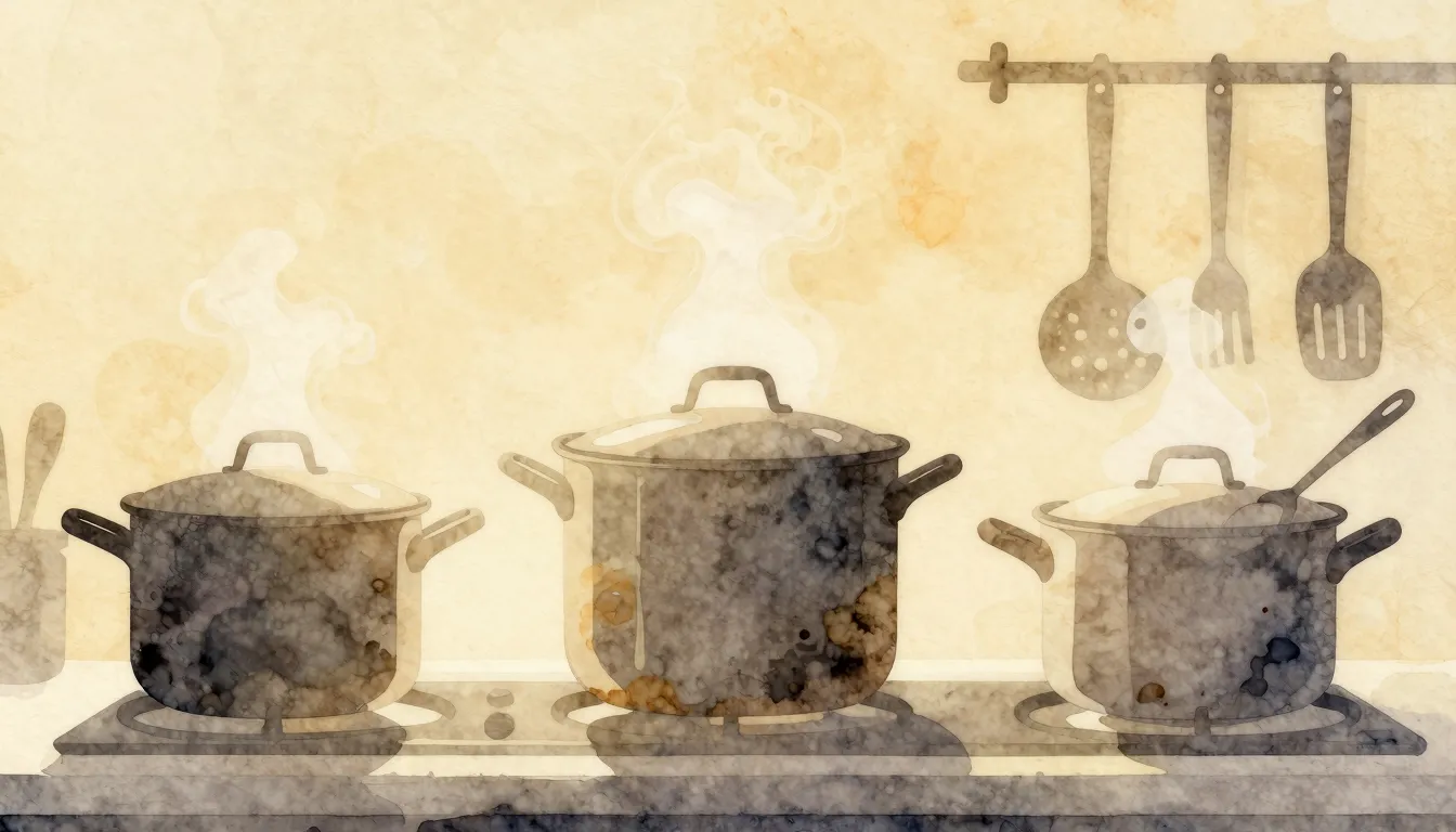 Watercolor style. A kitchen with large steaming pots, silhou...
