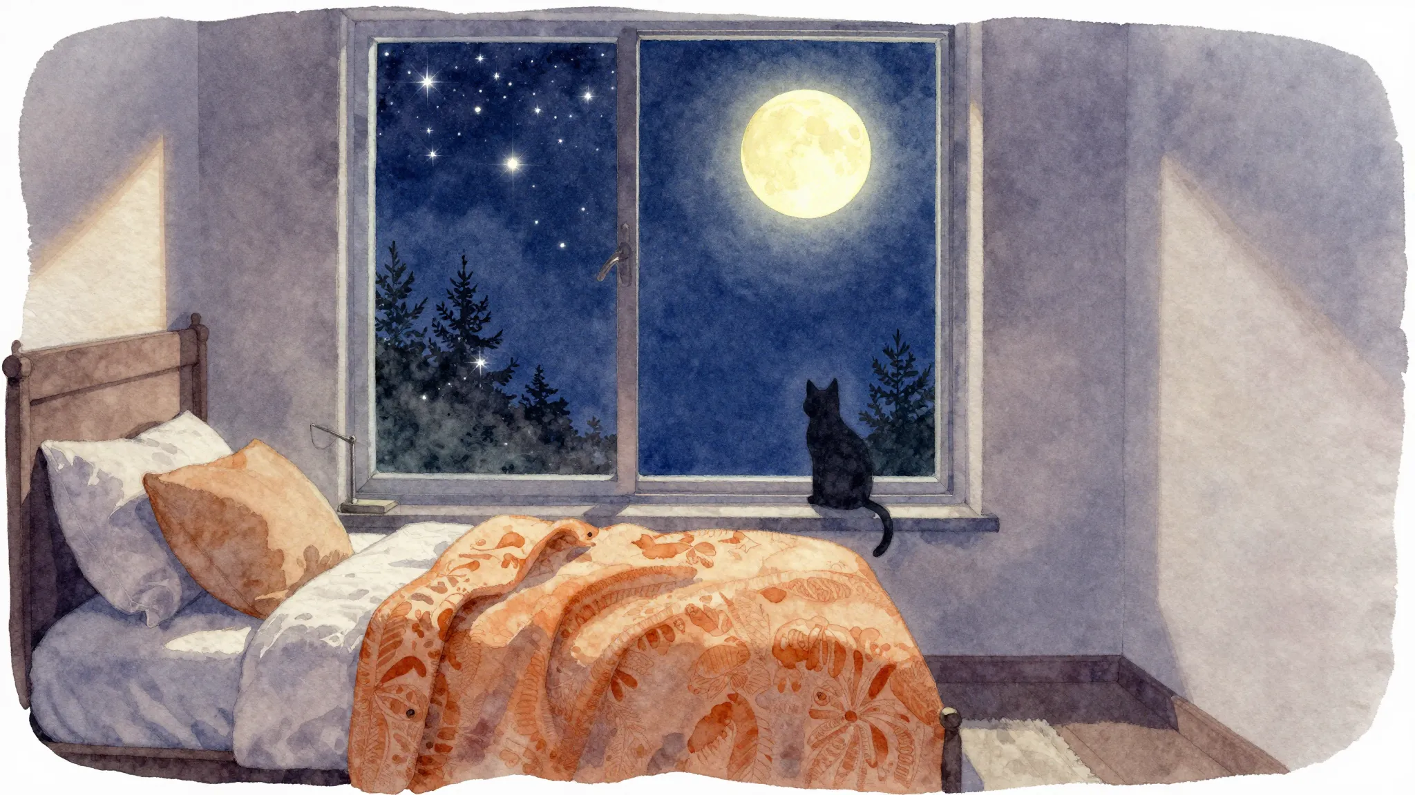 Watercolor style. A cozy room at night, a window with a view...