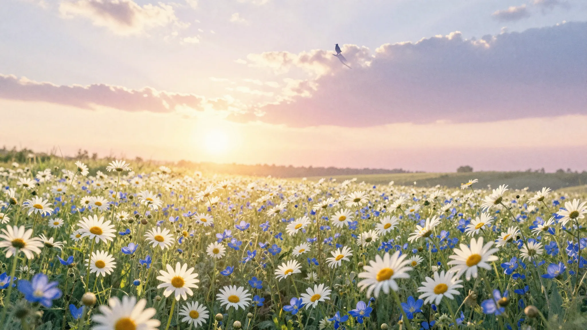 Watercolor style. A beautiful summer sunrise over a field of...