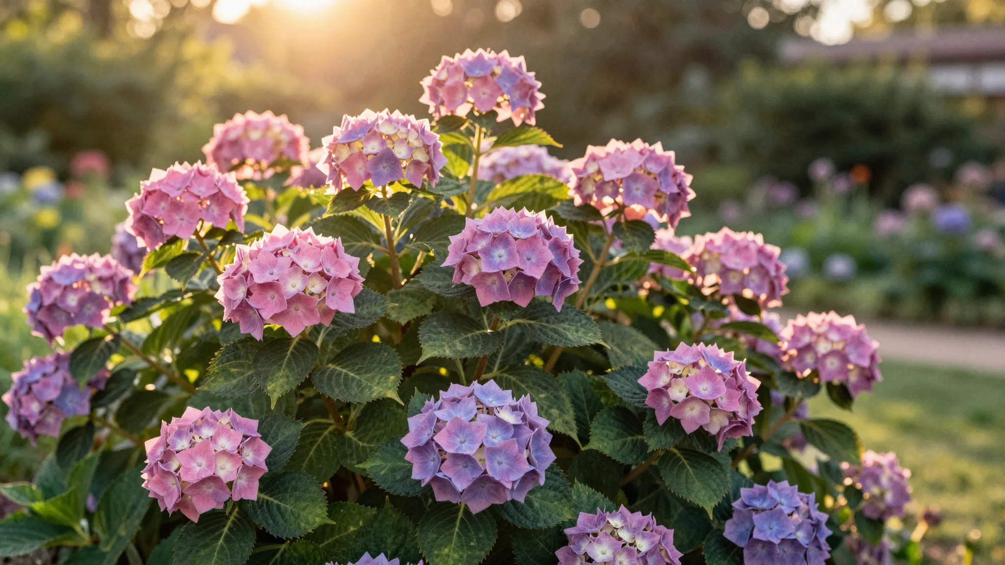 Watercolor style. Lush hydrangea bush in full bloom, sunset ...