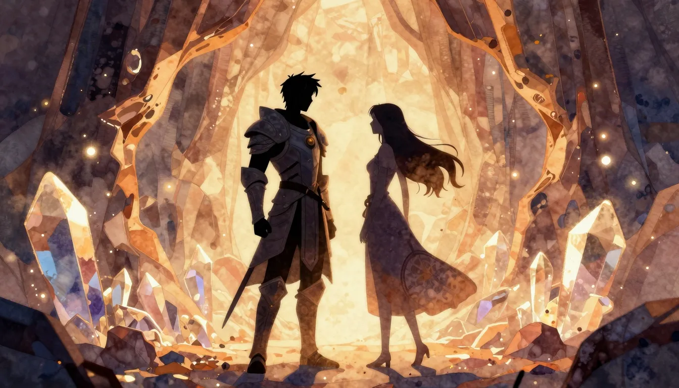 Watercolor style. Silhouettes of a fantasy couple in stylize...