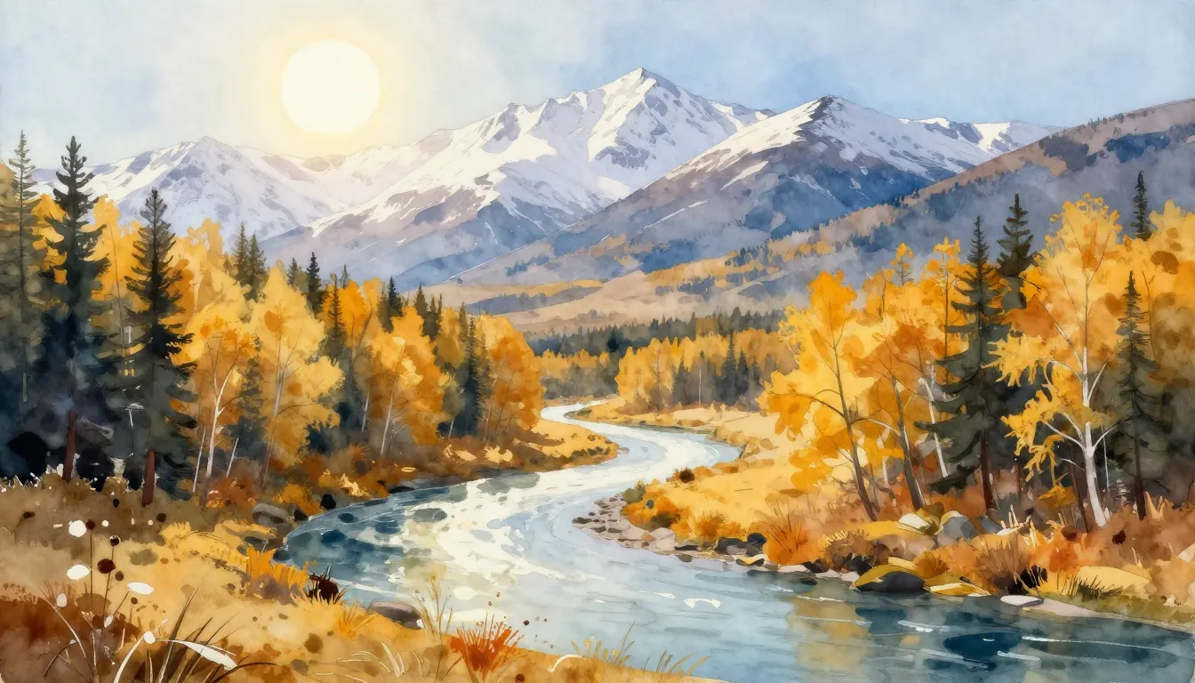 Watercolor style. A serene landscape with a winding river, g...