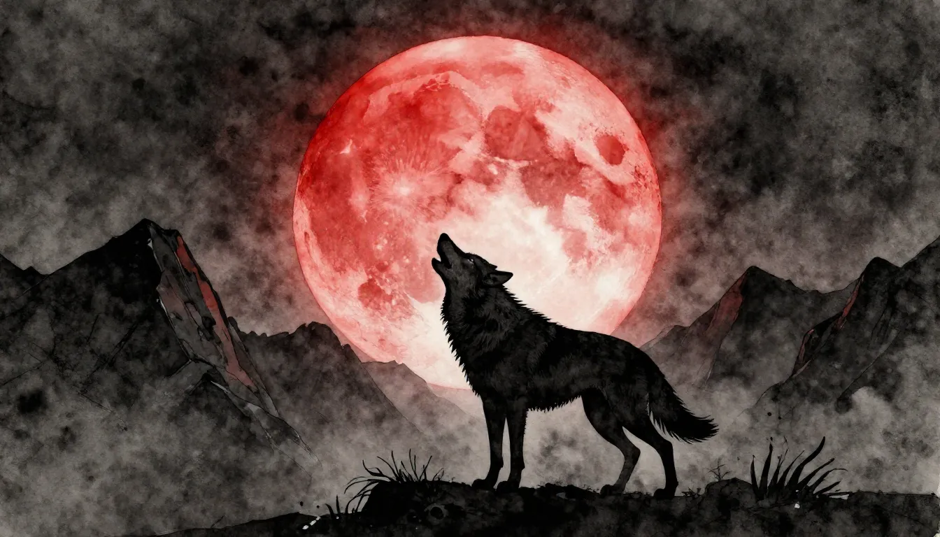 Watercolor style. Dark silhouette of a lone wolf howling at ...