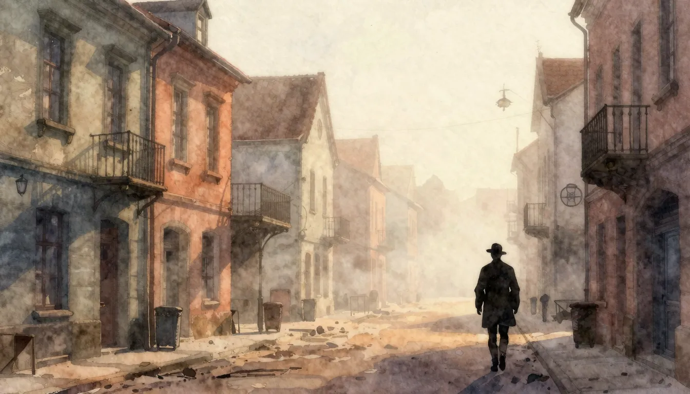 Watercolor style. A silhouette of a person walking down a fo...