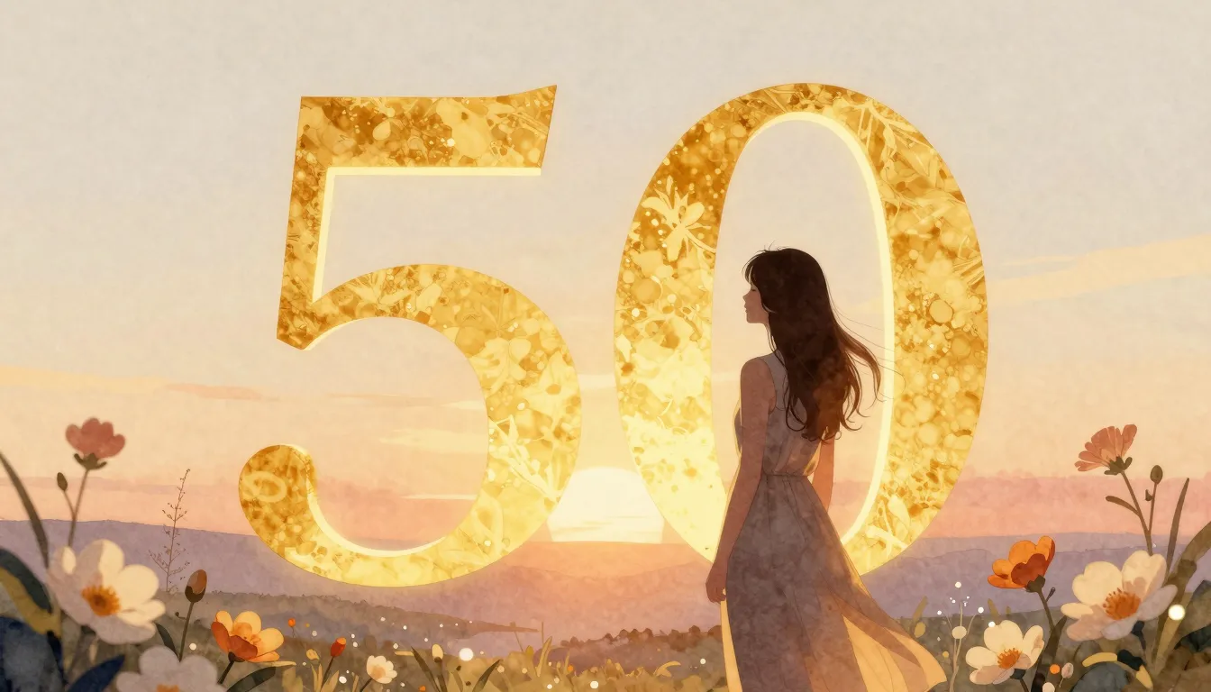 Watercolor style. A golden number 50 glowing in a warm sunse...