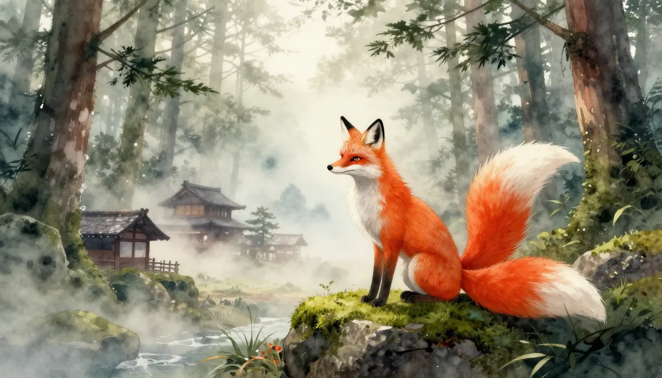 Watercolor style. Mystical fox with three fluffy tails sitti...