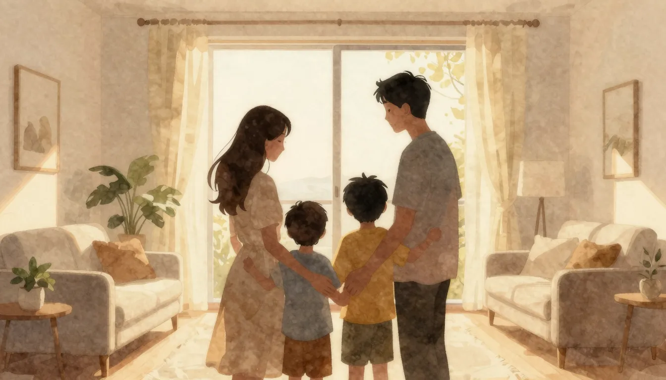 Watercolor style. Silhouette of a family group hugging in a ...