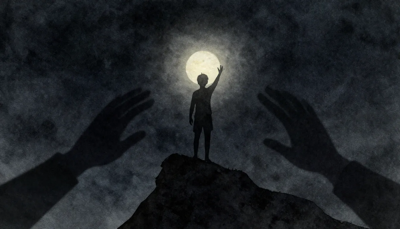 Watercolor style. A silhouette of a person standing on a cli...